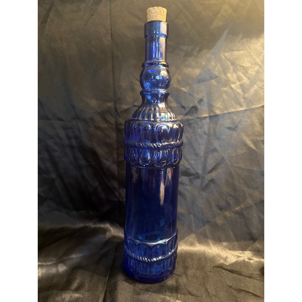 Vintage Y2K Pier 1 Cobalt Blue Glass Bottle Decanter Rope Design Barware 14”